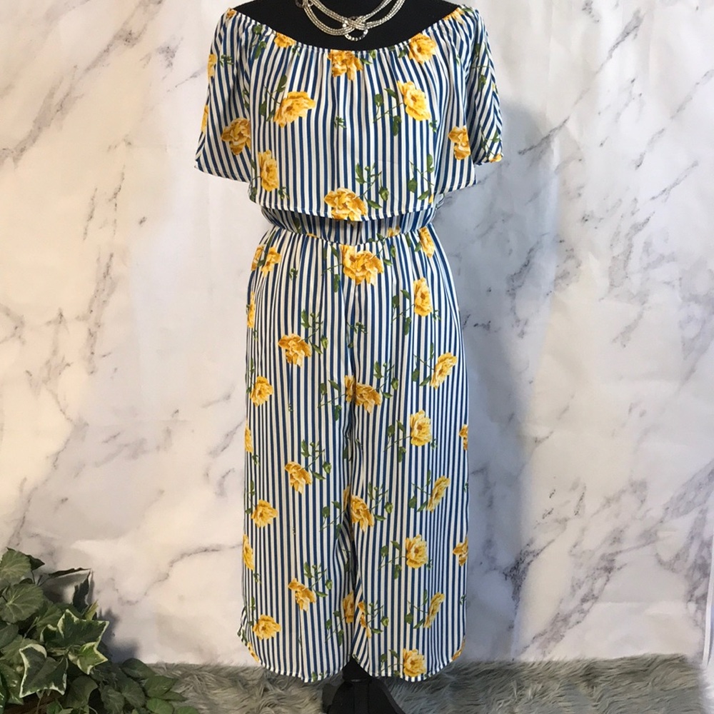 BLUE & WHITE STRIPED JUMPSUIT W/YELLOW FLOWERS